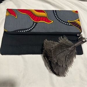 NEW Zipper Fold Over Red Clutch Bag with Feather Tassel-made in Zambia, Africa